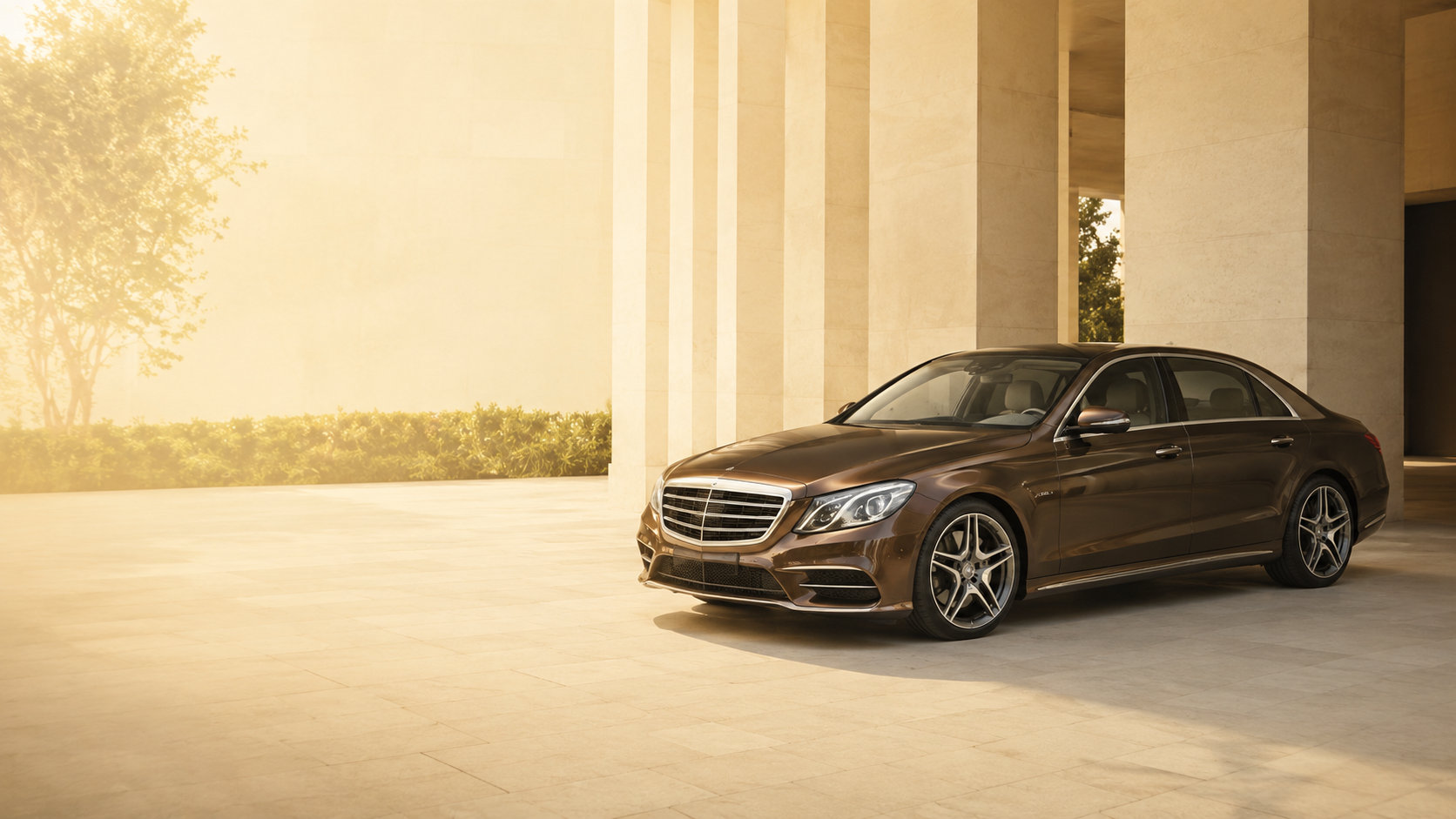 Bronze luxury sedan at a warm stone arrival court
